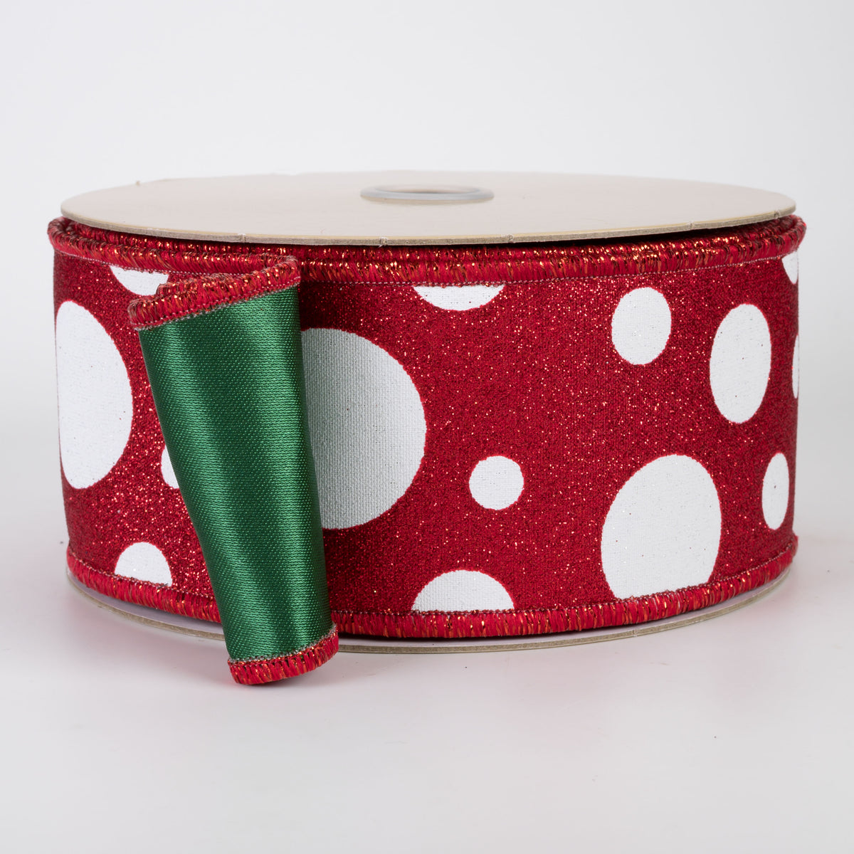 2.5" Double Sided Fused Giant Polka Dot Ribbon: Red, White, Emerald Green (10 Yards)