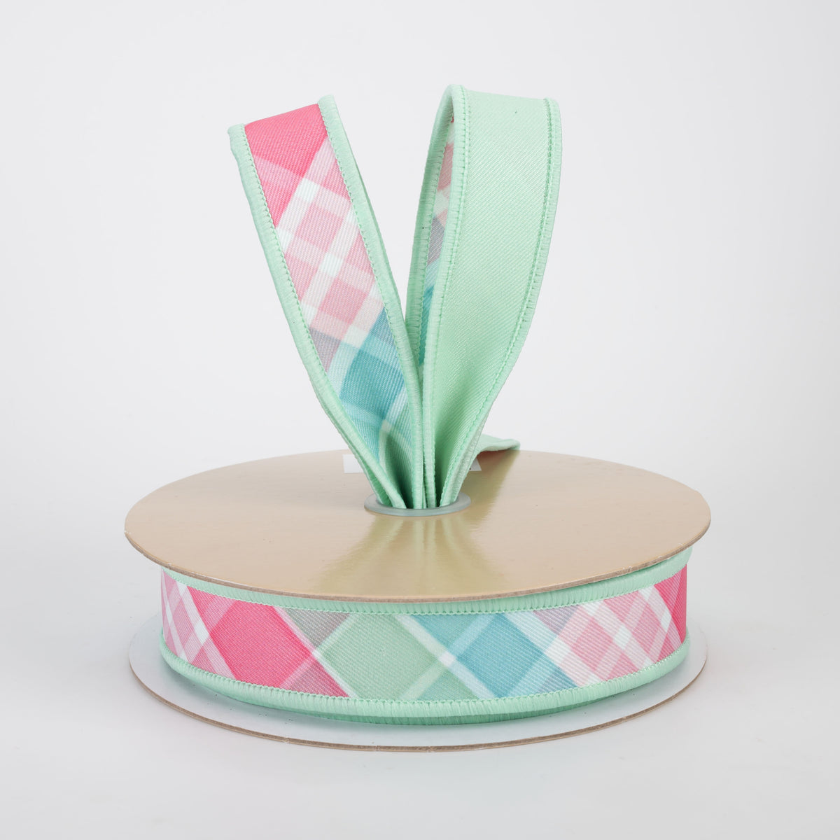 7/8" Double Sided Fused Diagonal Plaid Ribbon: Teal, Pink & Mint (10 Yards)