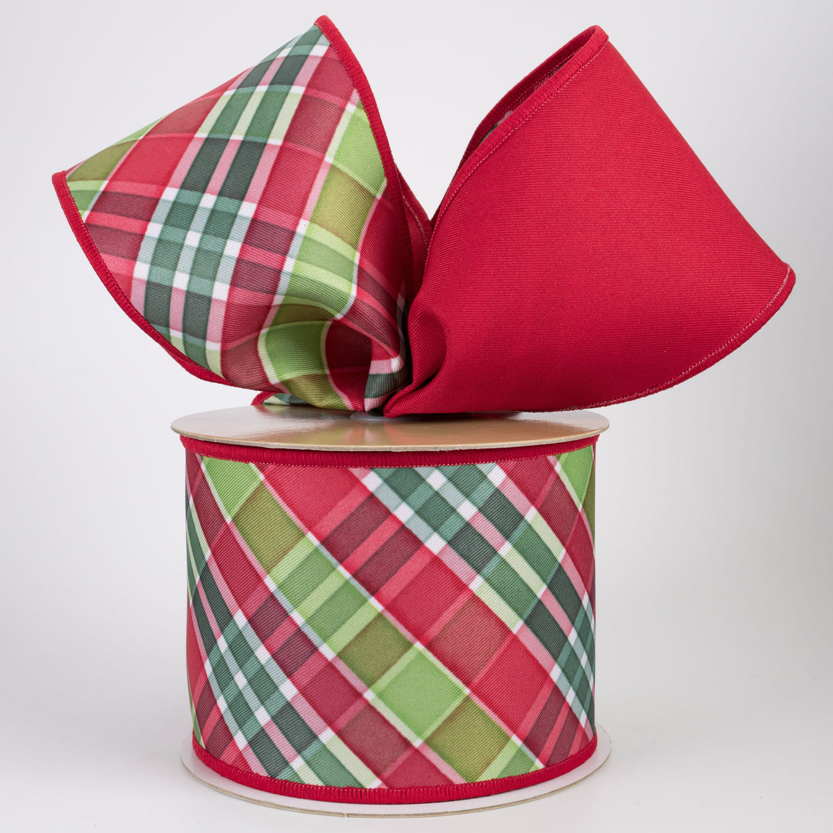 4" Double Sided Fused Christmas Plaid Ribbon: Red, Emerald & Lime (10 Yards)