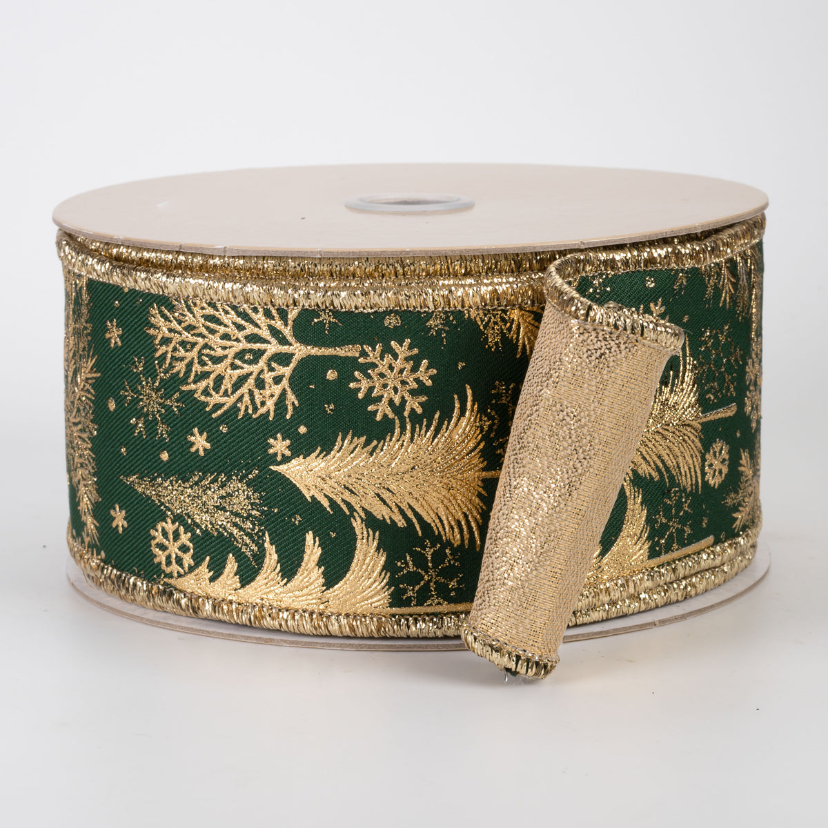2.5" Double Sided Fused Foil Tree Ribbon: Hunter Green & Gold (10 Yards)
