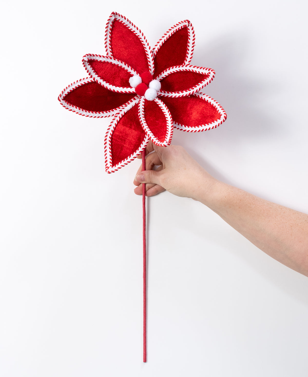 10" x 22" Velvet & Trim Poinsettia Stem: Red & White
