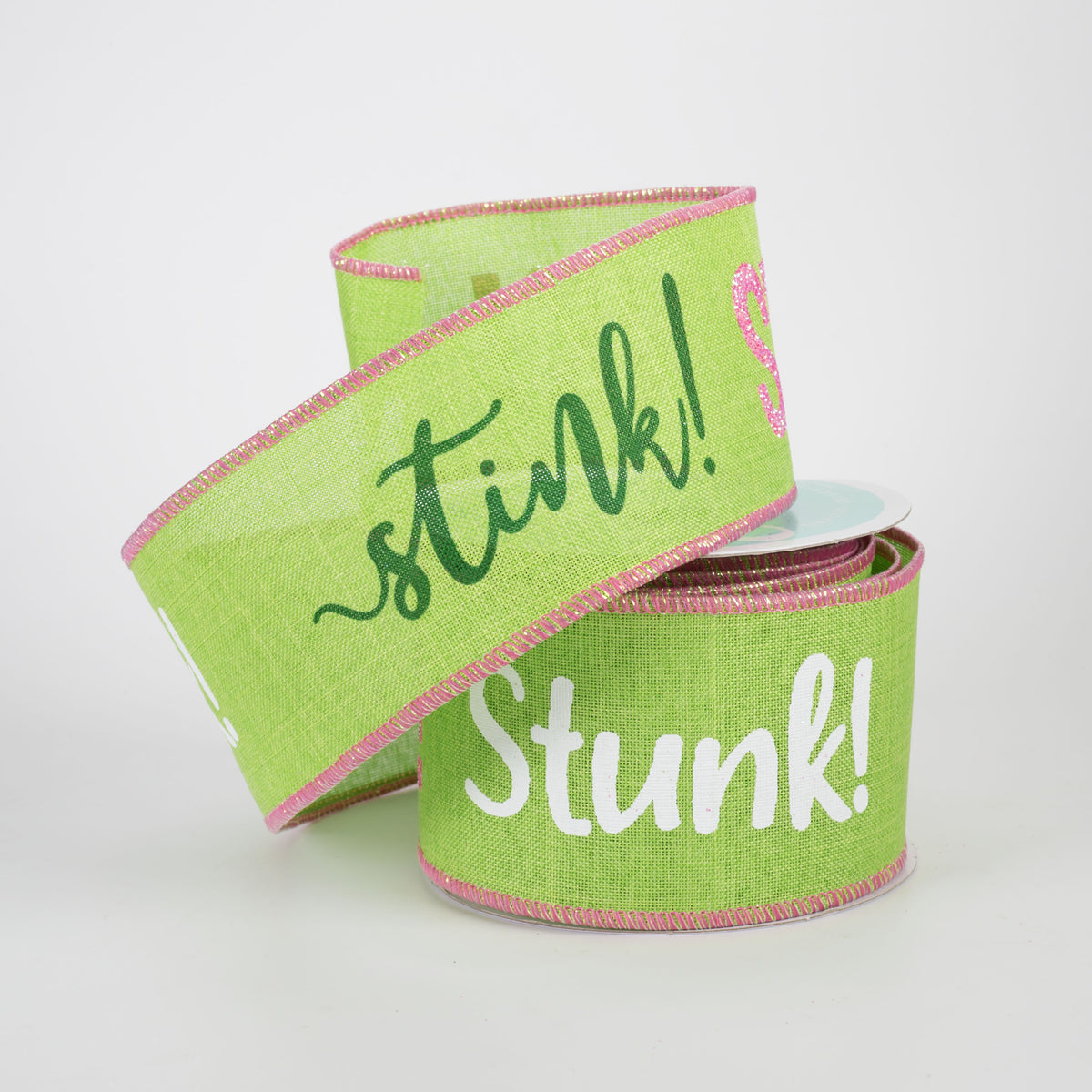 2.5" Stink Stank Stunk Canvas Ribbon: Pink on Green (10 Yards)