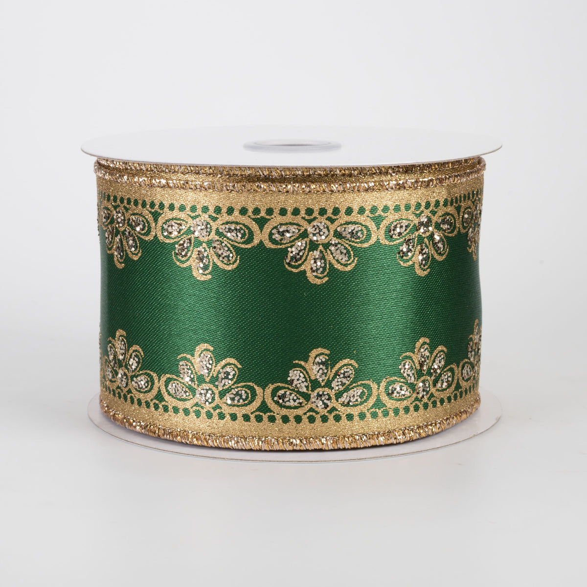 2.5" Luxe Scalloped Trim Ribbon: Gold on Emerald (10 Yards)