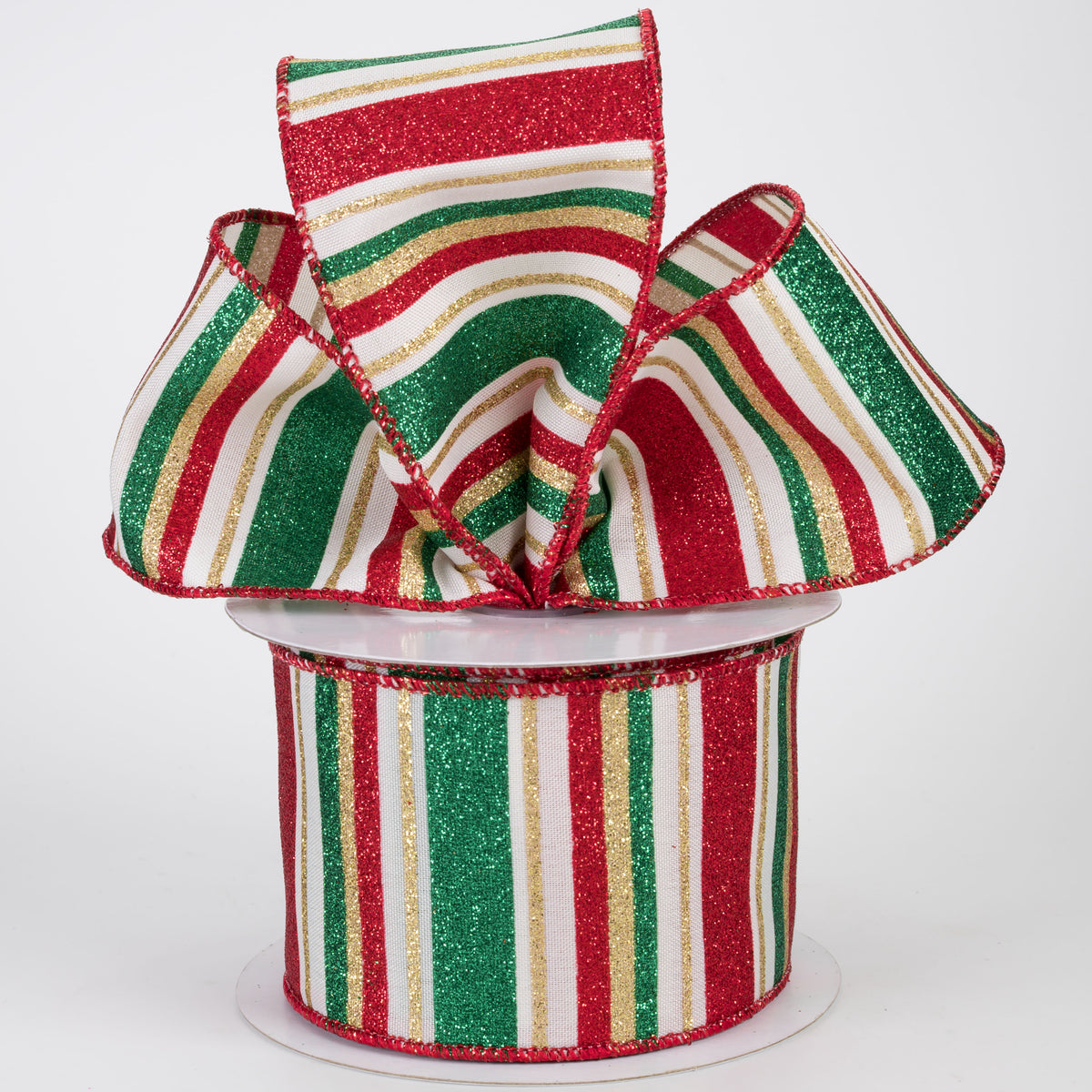2.5" Multi Glitter Stripes Ribbon: Traditional Christmas on Cream (10 Yards)