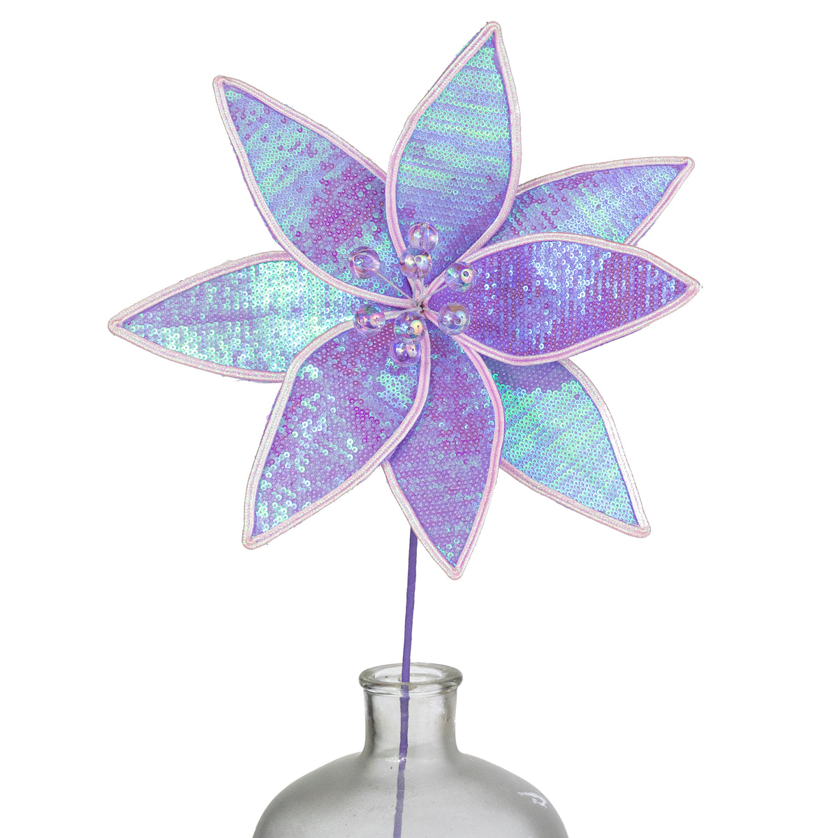 23" Iridescent Sequin Poinsettia Stem: Lavender