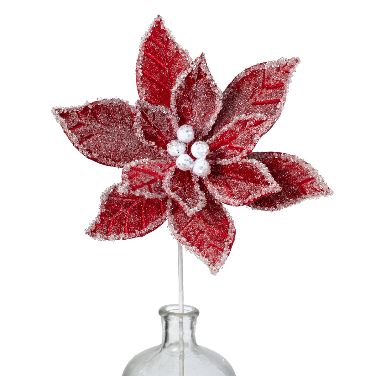18" Icy Poinsettia Stem: Red & White