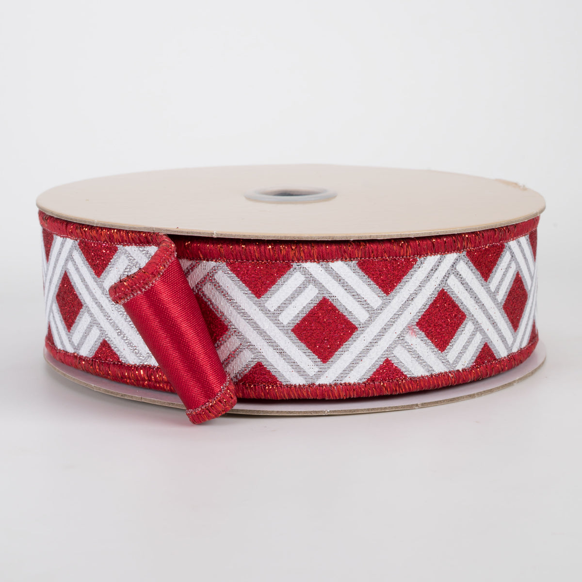 1.5" Double Sided Fused Metallic Basketweave Ribbon: Red & Silver (10 Yards)