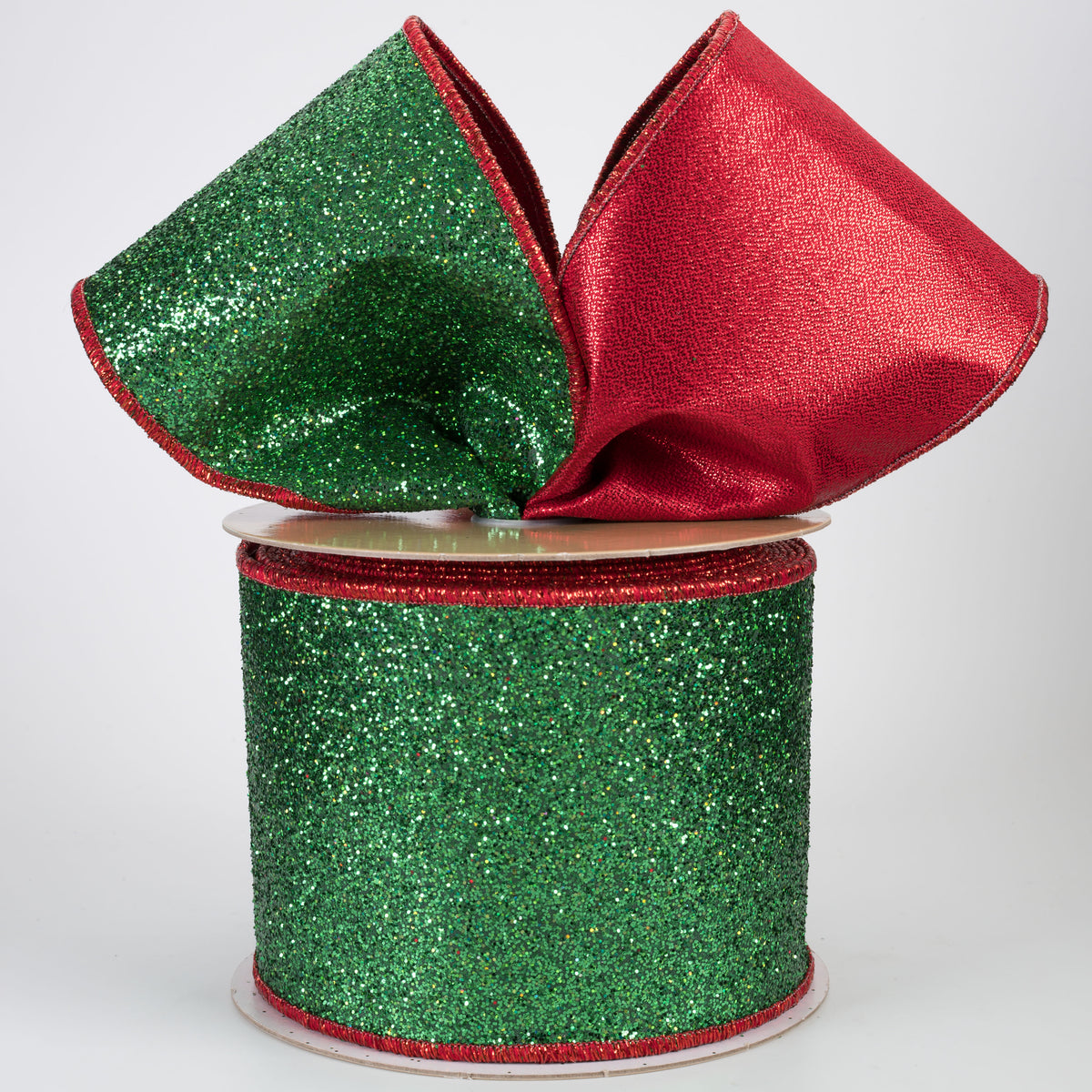 4" Double Sided Fused Laser Glitter Ribbon: Emerald Green & Red (10 Yards)