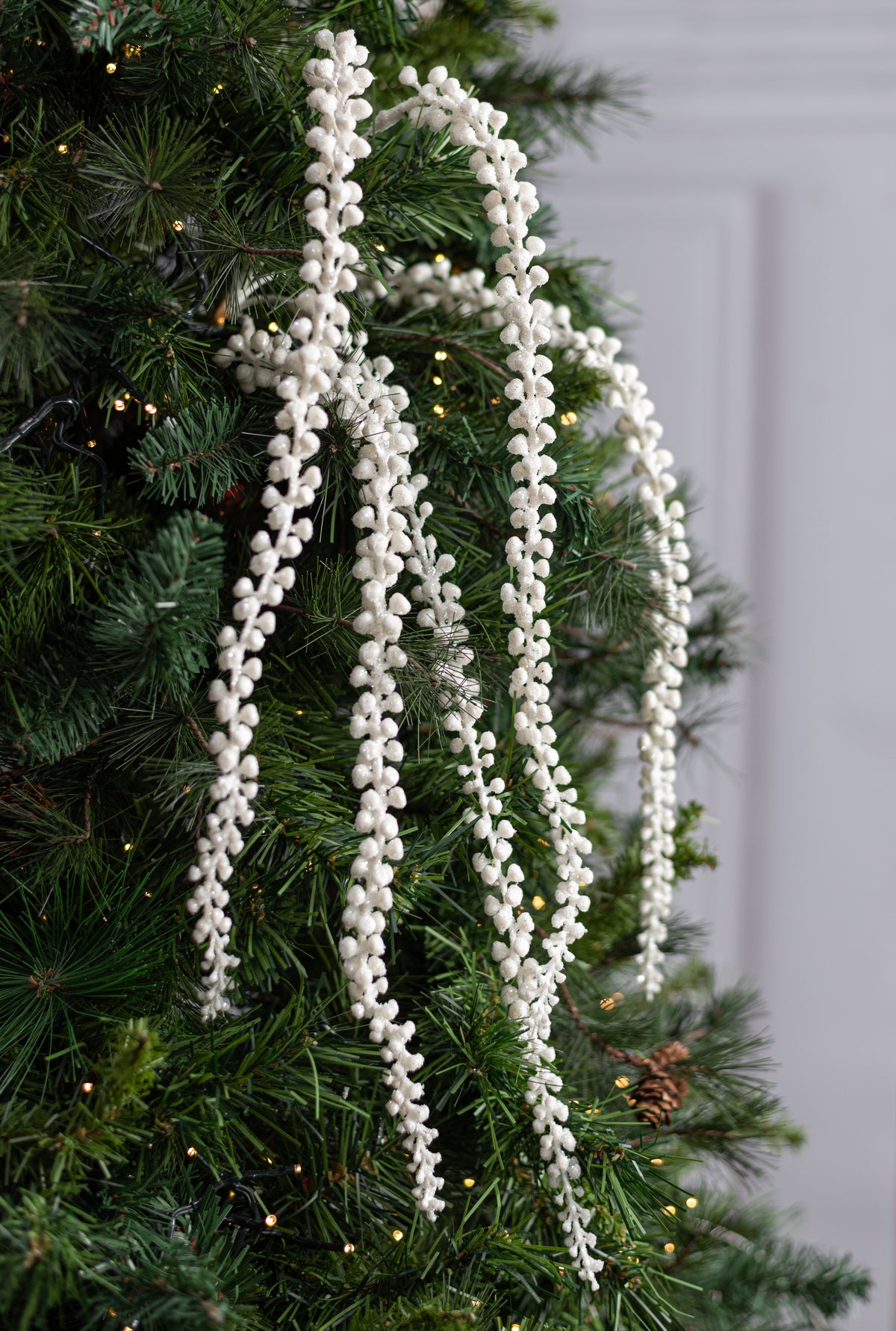 23" Hanging Glittered Berries Spray: White