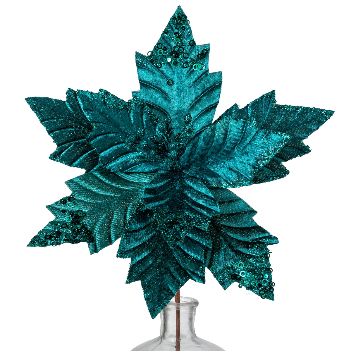 13" x 18" Velvet Sequined Poinsettia Stem: Peacock Teal