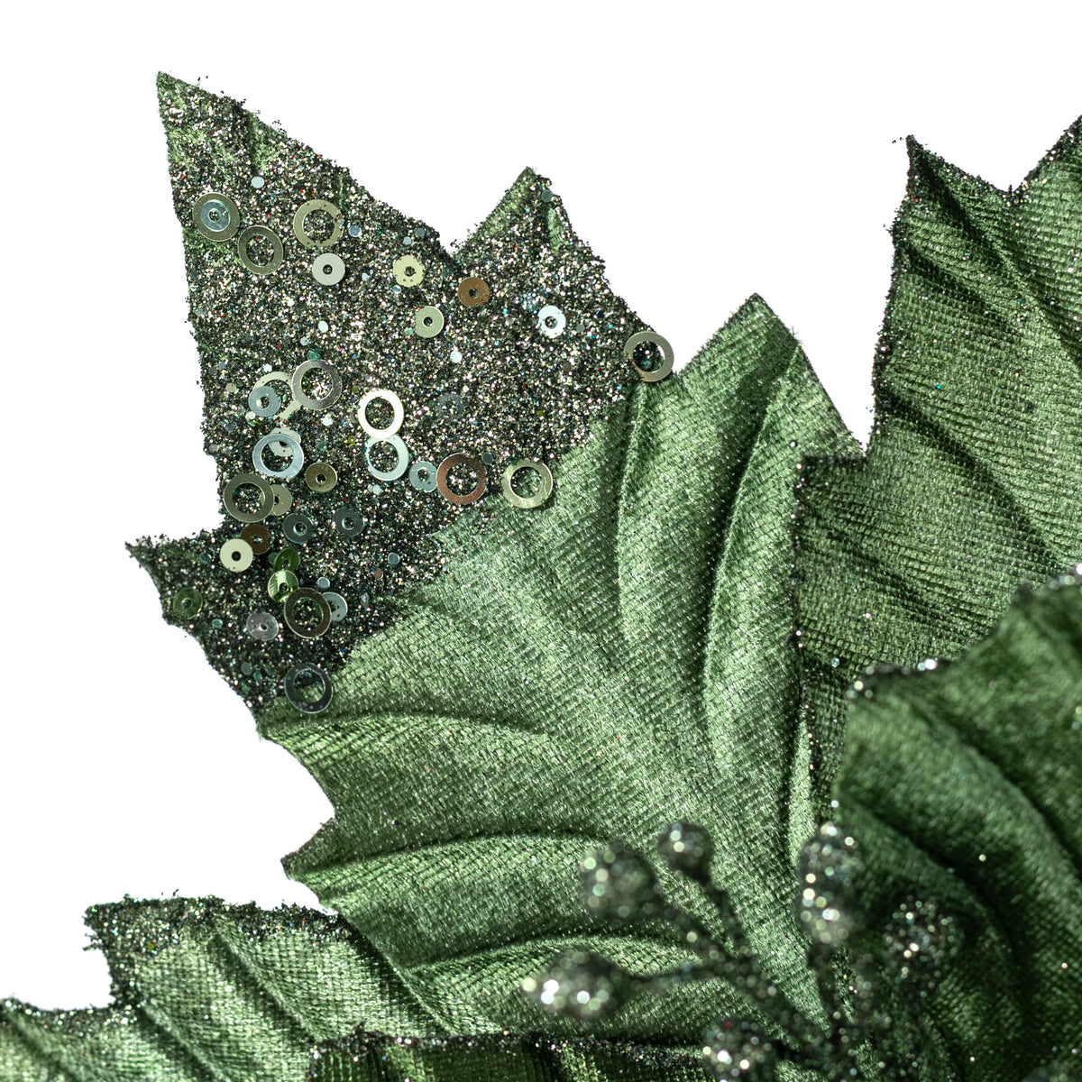 13" x 18" Velvet Sequined Poinsettia Stem: Moss Green