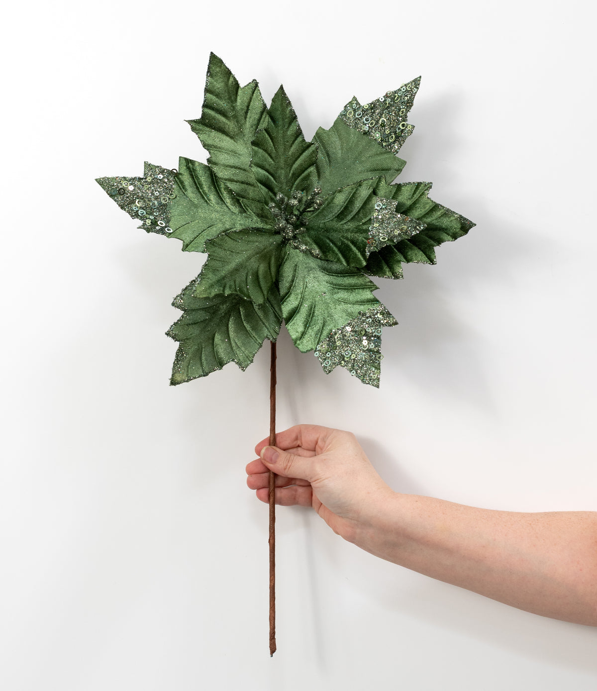 13" x 18" Velvet Sequined Poinsettia Stem: Moss Green