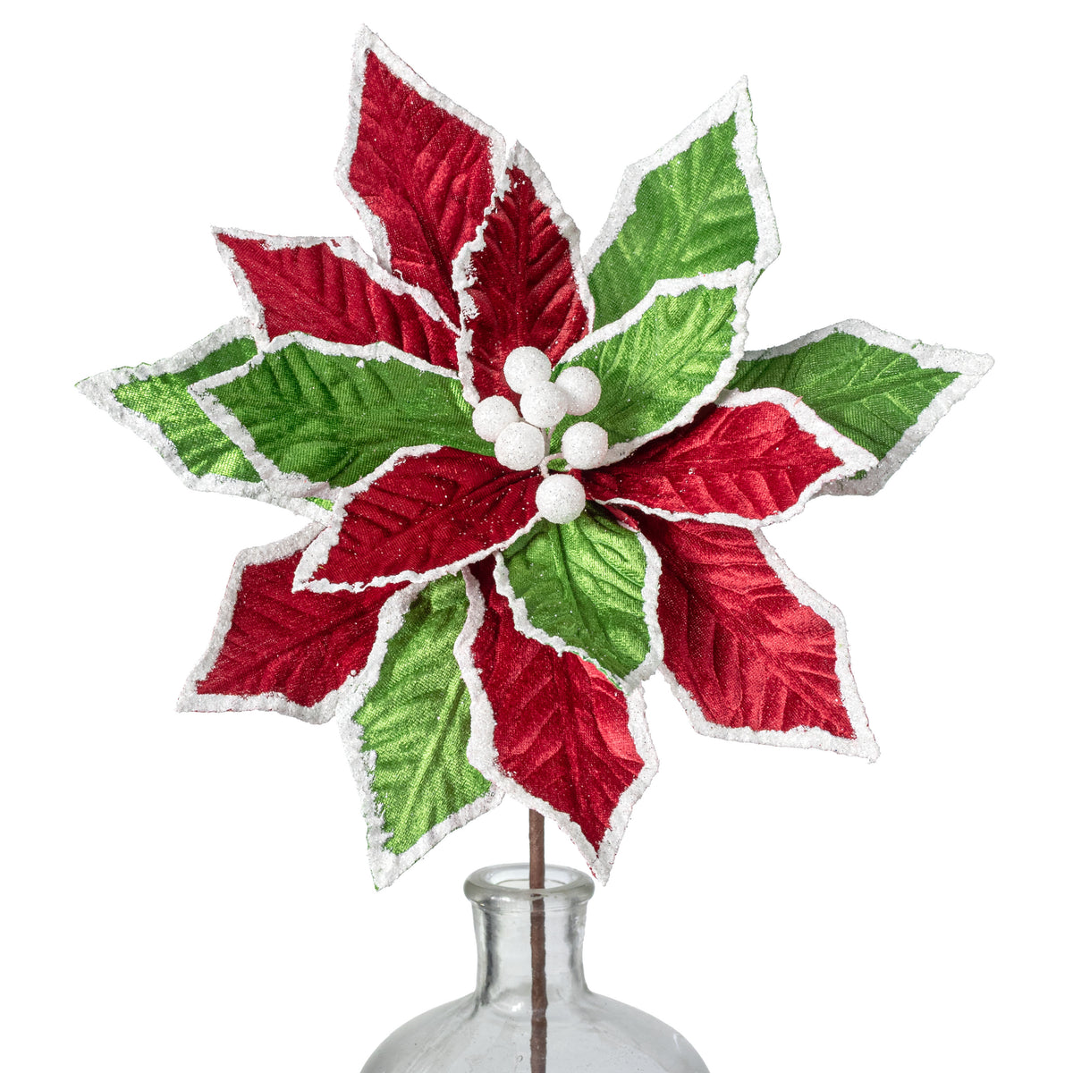 12" x 25" Velvet Snow Edge Poinsettia Stem: Green, Red & White