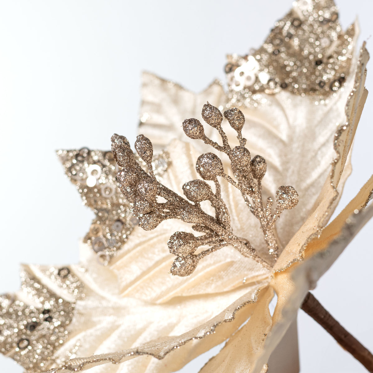 13" x 18" Velvet Sequined Poinsettia Stem: Cream Champagne