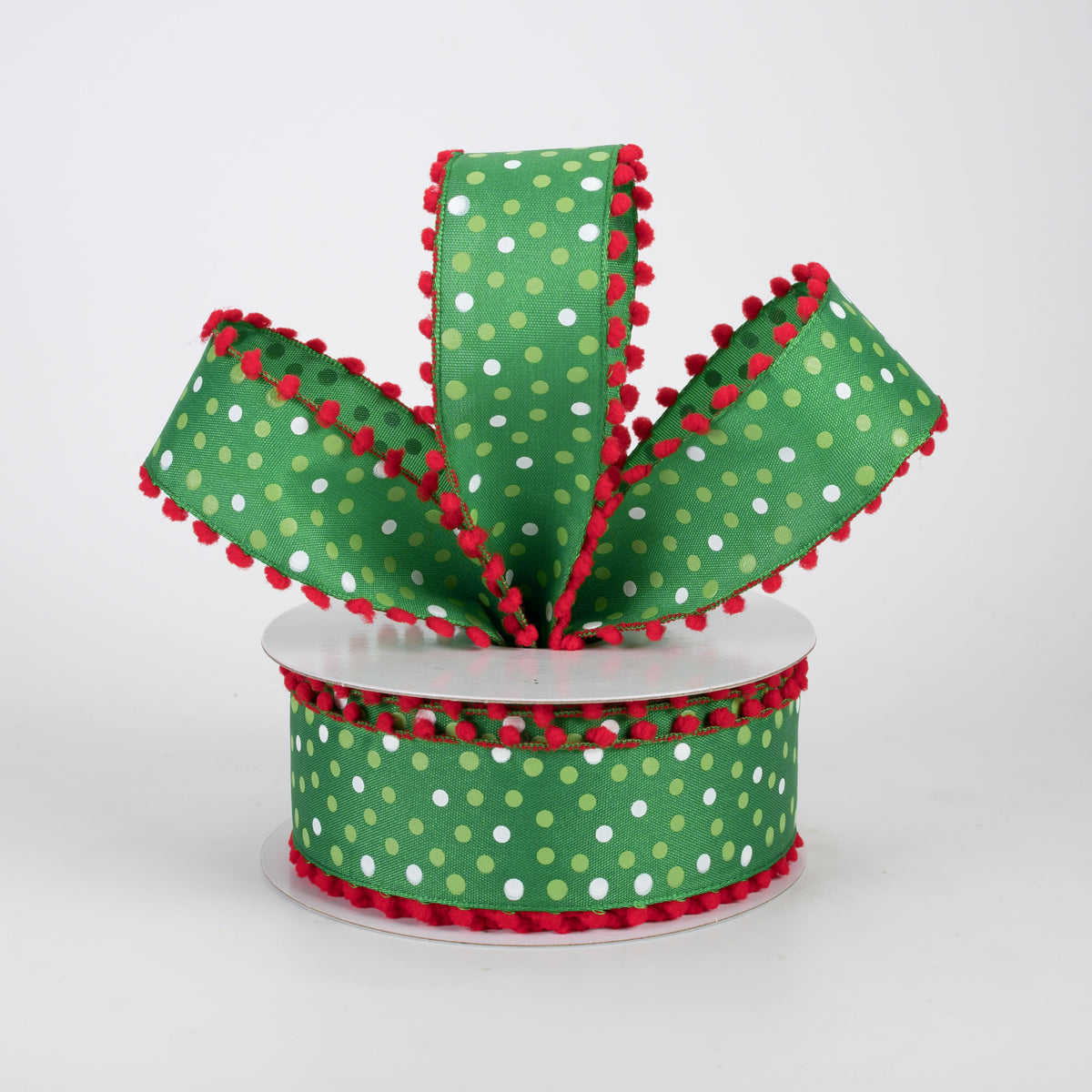 1.5" Ball Edge Dots Ribbon: Emerald, Lime, White & Red (10 Yards)