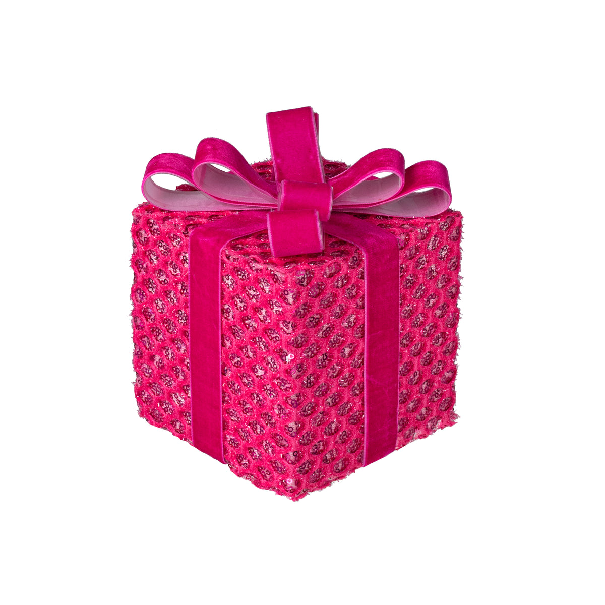 6.75" Mesh Sequin Gift Box Decor: Iridescent Fuchsia Pink