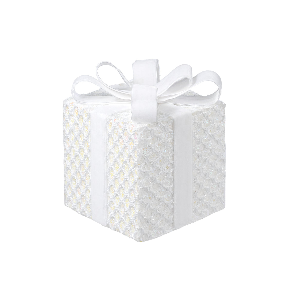 6.75" Mesh Sequin Gift Box Decor: Iridescent White