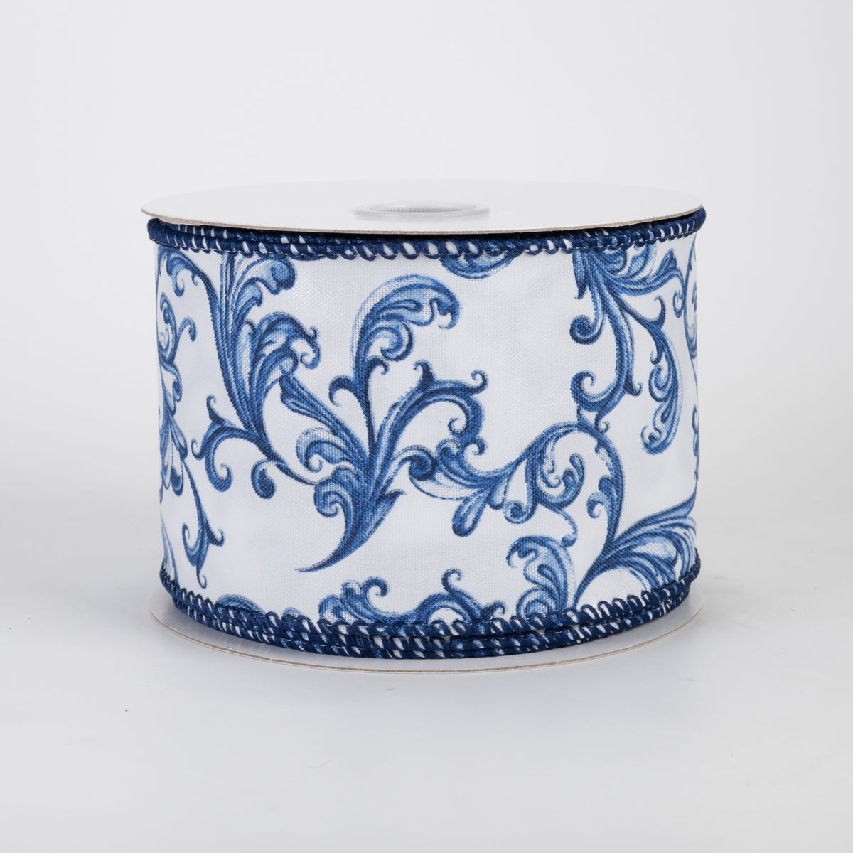 2.5" Chinoiserie Swirls on Glass Satin Ribbon: Blue & White (10 Yards)