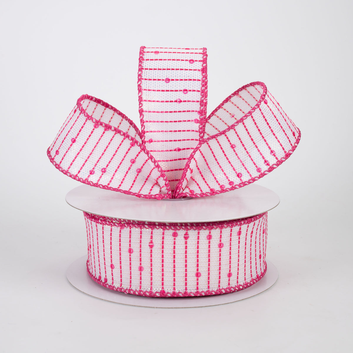 1.5" Woven Sequined Stripes Ribbon: Iridescent, White & Fuchsia Pink (10 Yards)