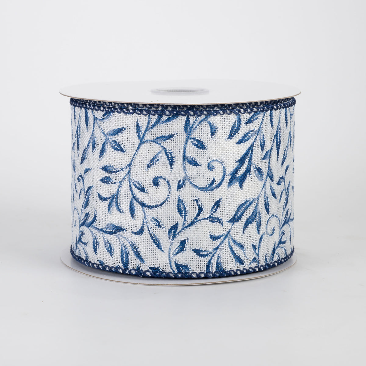 2.5" Linen Glittered Foliage Swirls Ribbon: Blue on Ivory (10 Yards)