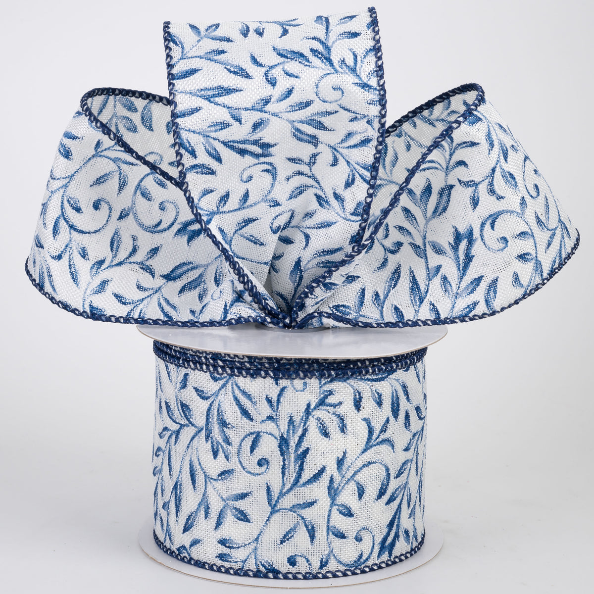 2.5" Linen Glittered Foliage Swirls Ribbon: Blue on Ivory (10 Yards)