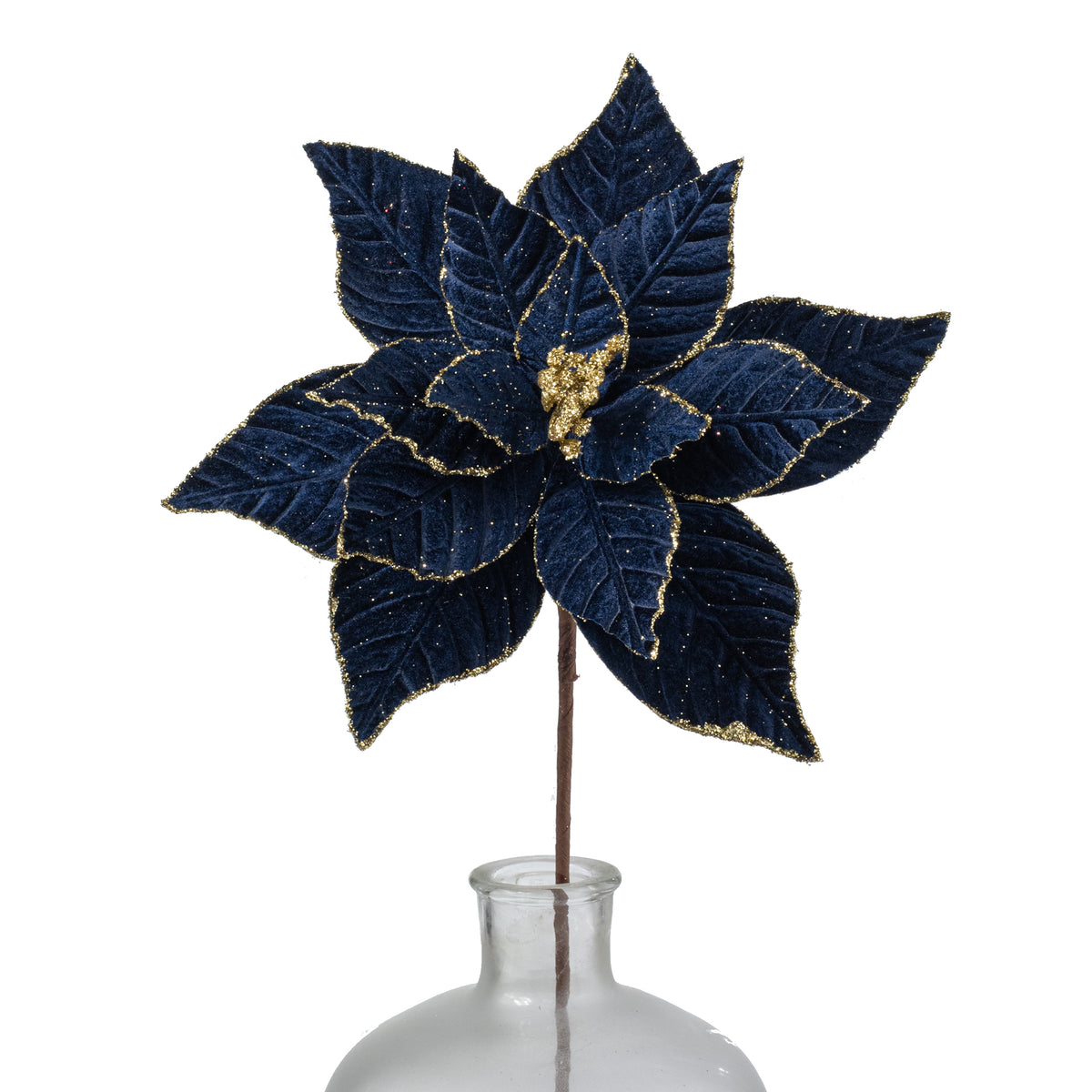 11.5" x 25" Glittered Velvet Poinsettia Stem: Navy Blue & Gold