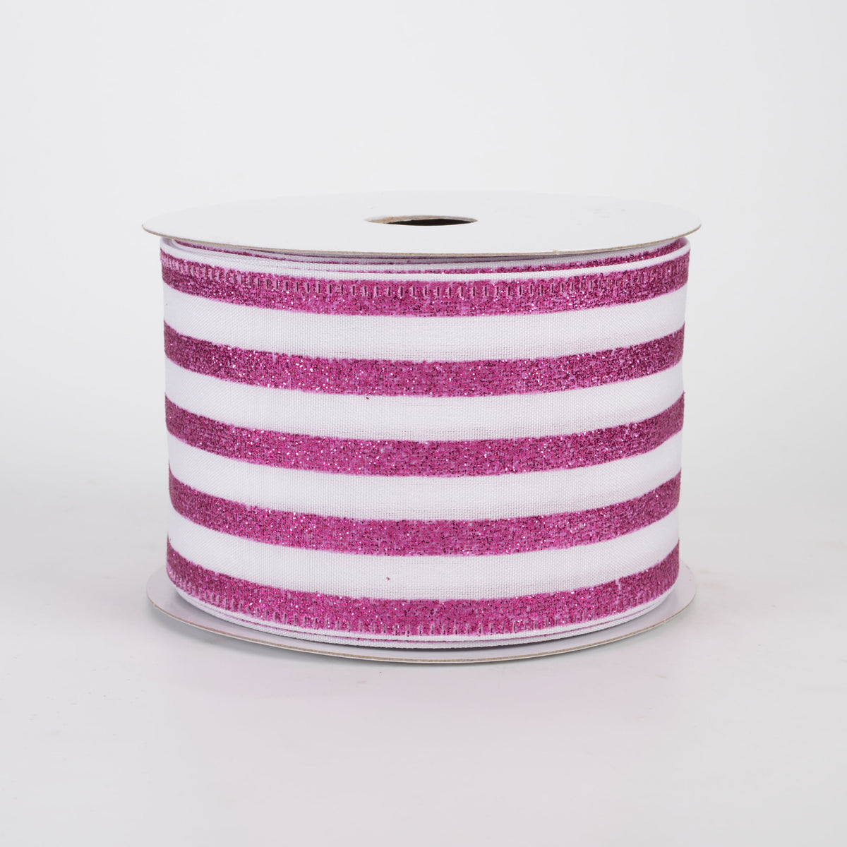 2.5" Glitter Cabana Stripe Ribbon: Fuchsia Pink on White (10 Yards)