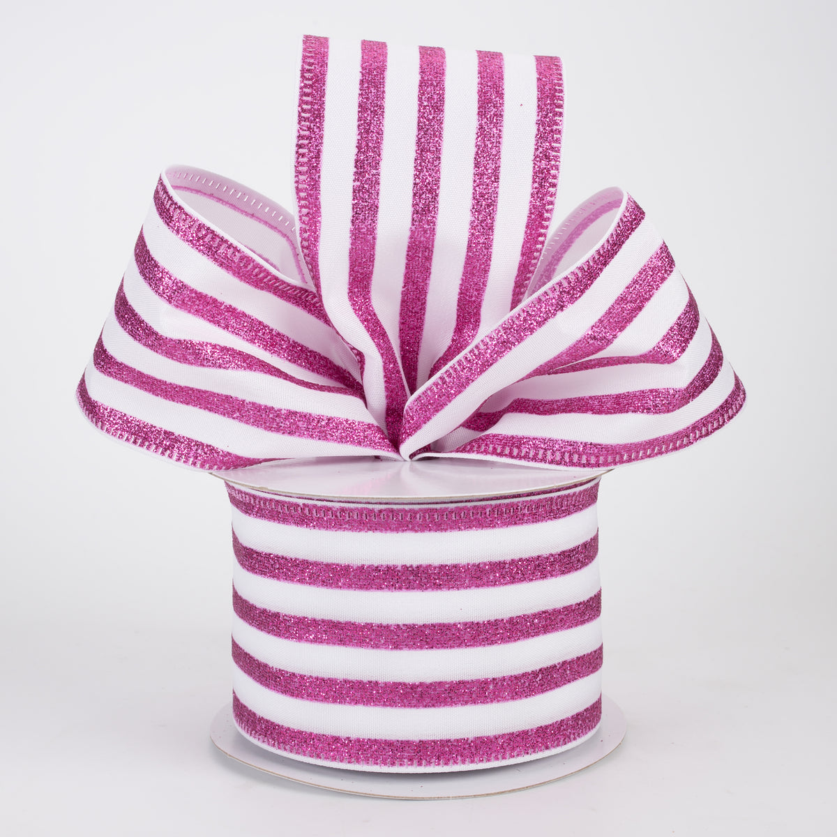 2.5" Glitter Cabana Stripe Ribbon: Fuchsia Pink on White (10 Yards)