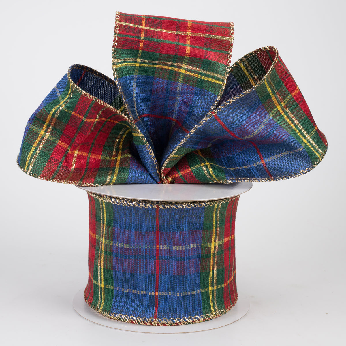 2.5" Faux Dupioni Plaid Ribbon: Royal Blue, Green, Red & Yellow (10 Yards)