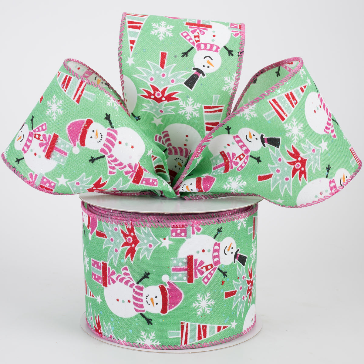 2.5" Frolicking Snowmen Satin Ribbon: Mint Green & Pink (10 Yards)