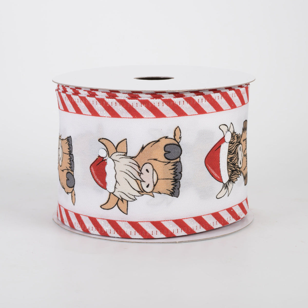 2.5" Christmas Highland Cows Candy Cane Edge Ribbon: White (10 Yards)
