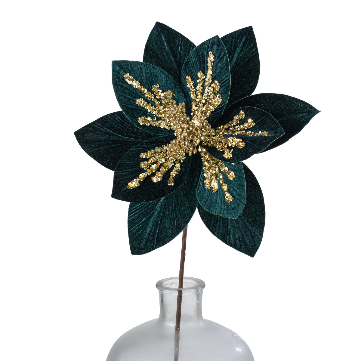 11" x 22" Sequined Velvet Poinsettia Stem: Hunter Green & Gold