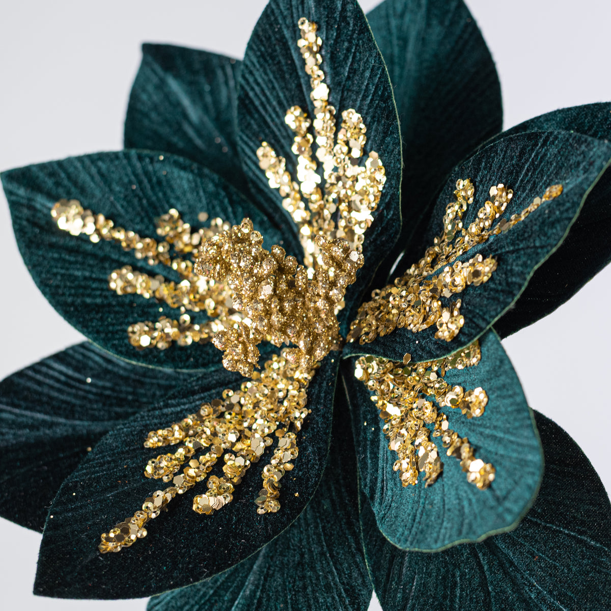 11" x 22" Sequined Velvet Poinsettia Stem: Hunter Green & Gold