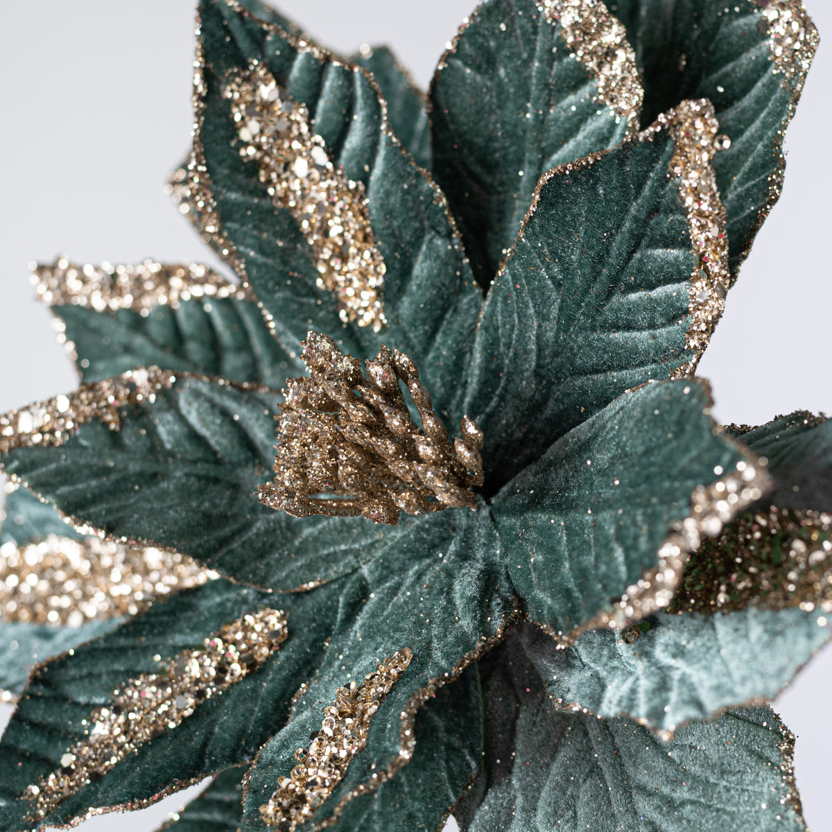 13" x 20" Sequined Velvet Poinsettia Stem: Dusty Teal & Champagne