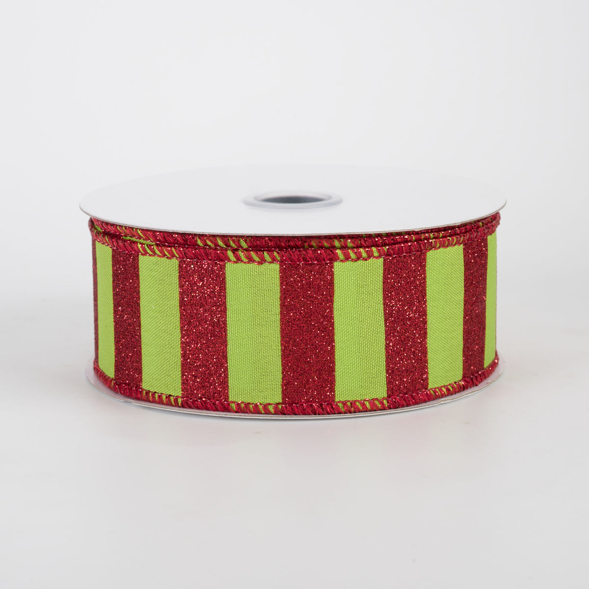 1.5" Horizontal Glitter Stripes Ribbon: Red on Lime Green (10 Yards)