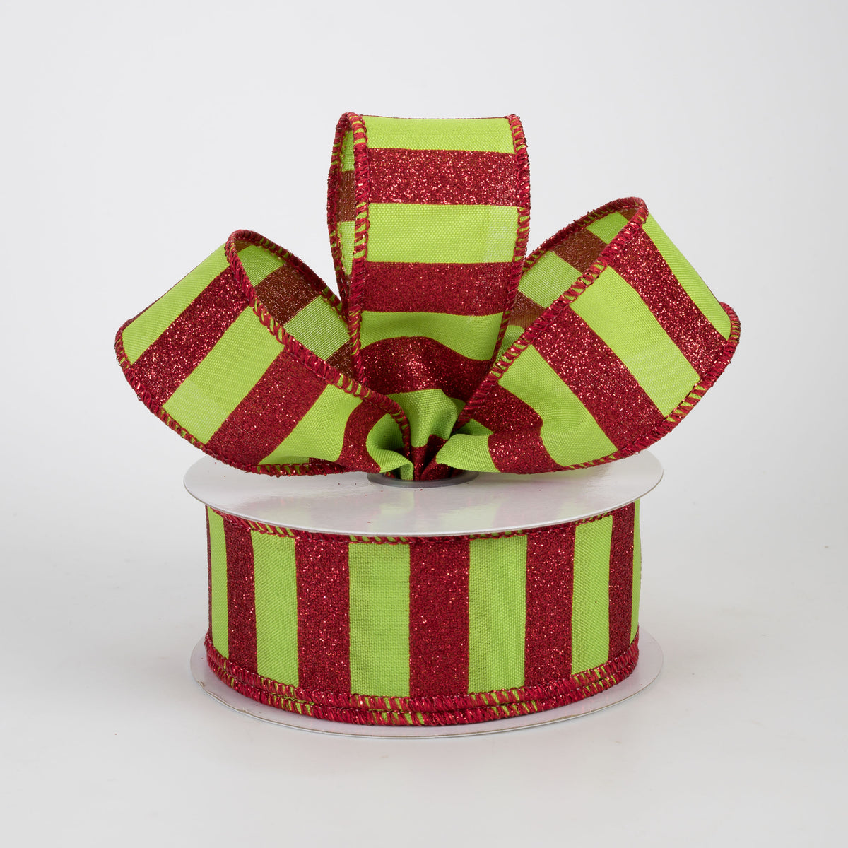 1.5" Horizontal Glitter Stripes Ribbon: Red on Lime Green (10 Yards)