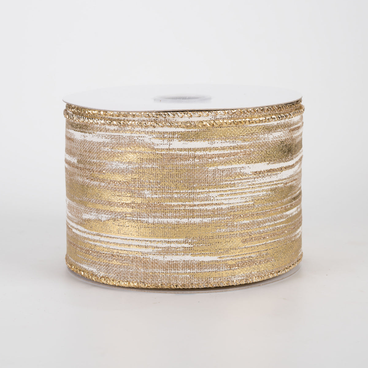 2.5" Linen Metallic Brushstrokes Ribbon: Cream & Gold on Natural (10 Yards)