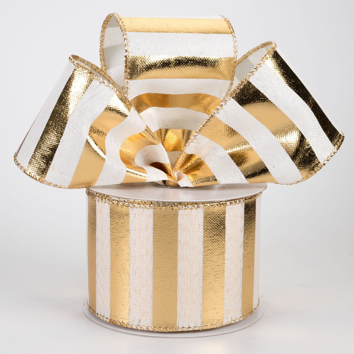 2.5" Linen Embossed Metallic Stripes Ribbon: Gold on White (10 Yards)