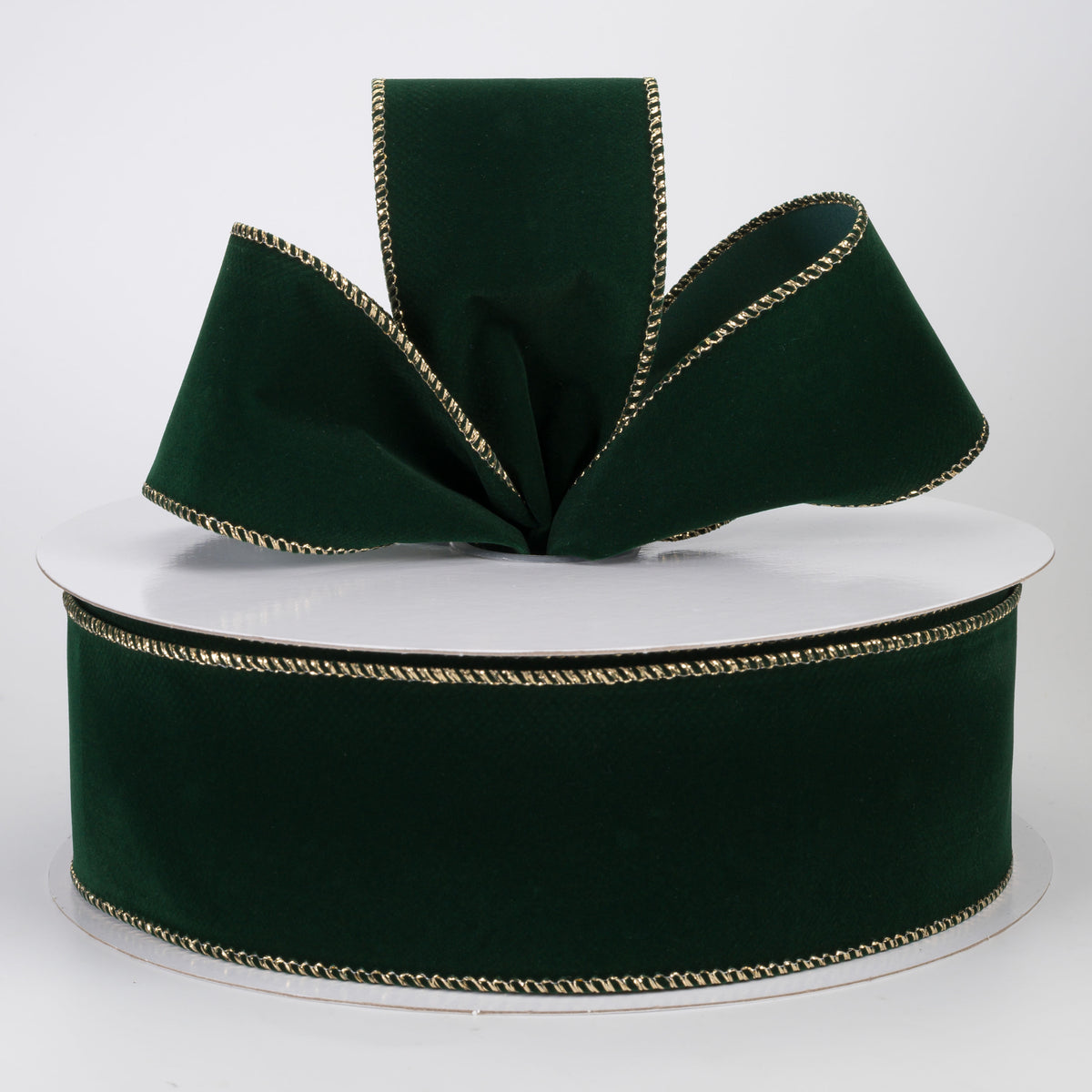 2.5" Stitched Edge Velvet Ribbon: Hunter Green with Gold (50 Yards)