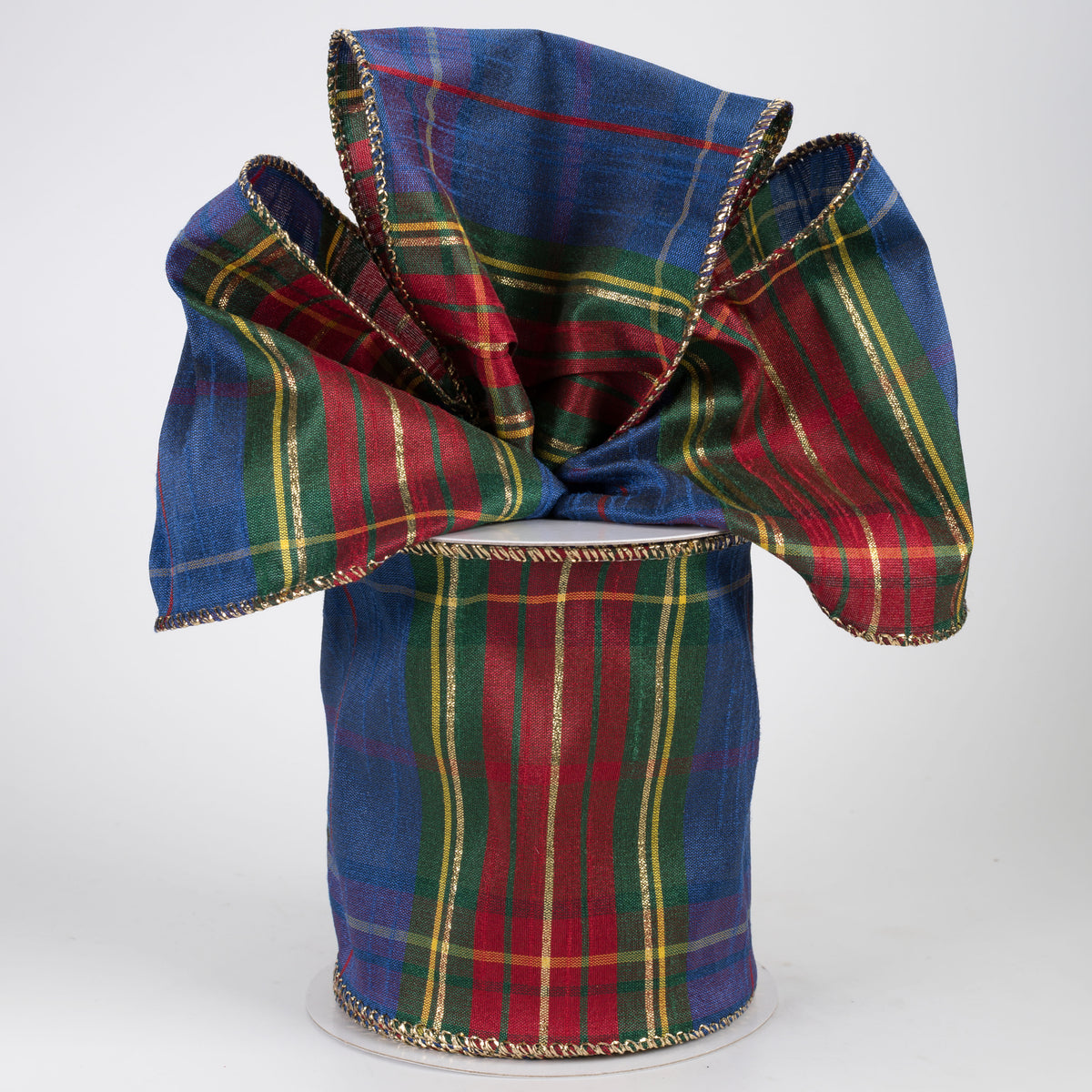 4" Faux Dupioni Plaid Ribbon: Royal Blue, Green, Red & Yellow (10 Yards)