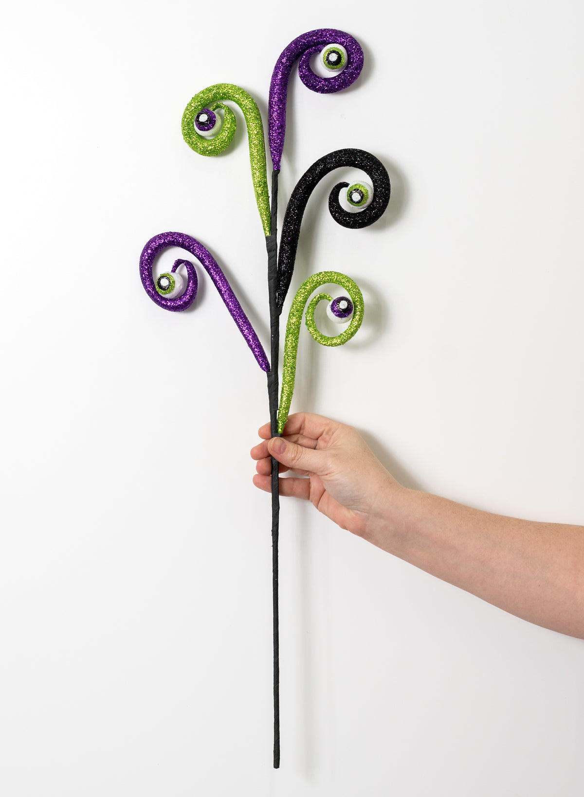 27" Eyeballs Spiral Curly Spray: Black, Purple & Lime