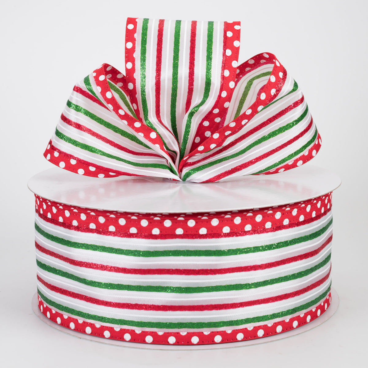 2.5" Satin Glitter Stripes Polka Dot Edge Ribbon: Red, White, Green (50 Yards)