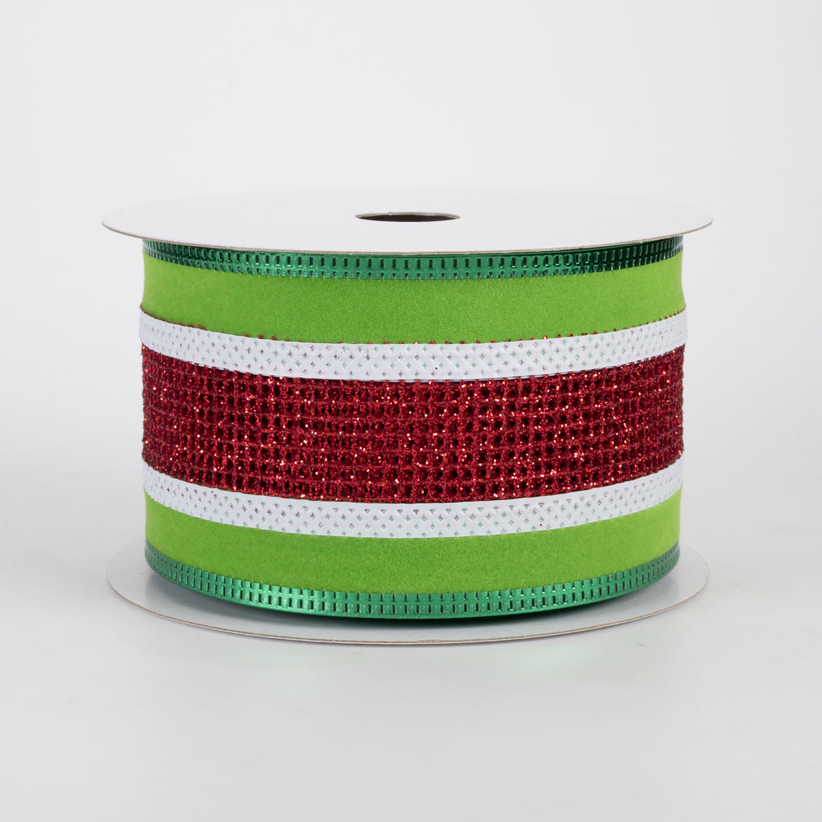 2.5" Glitter Netting Stripes Velvet Edge Ribbon: Lime, Red & White (10 Yards)