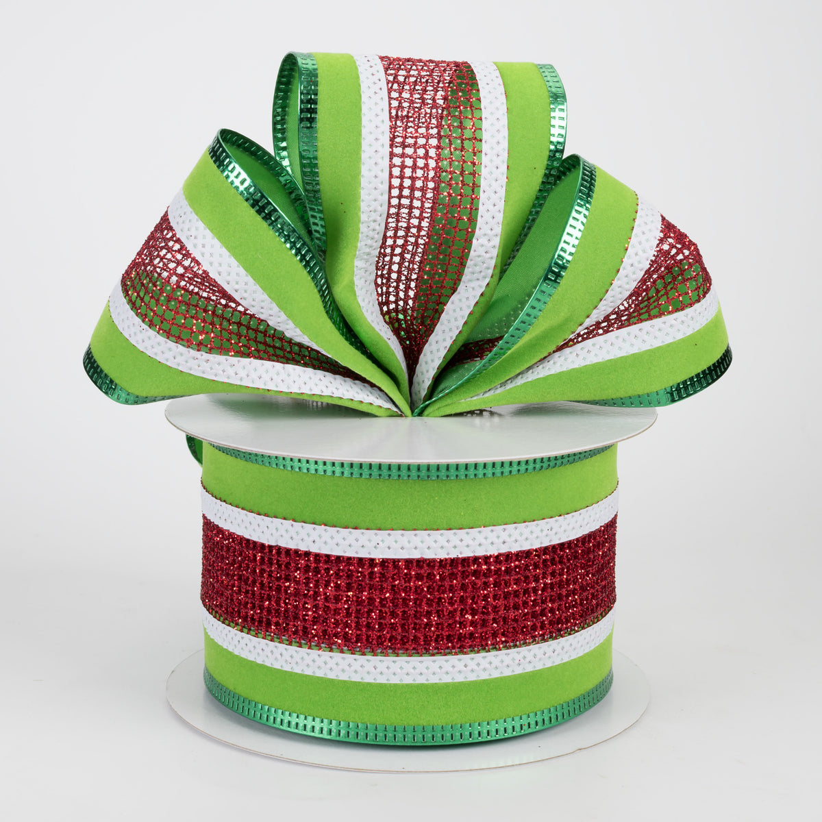 2.5" Glitter Netting Stripes Velvet Edge Ribbon: Lime, Red & White (10 Yards)