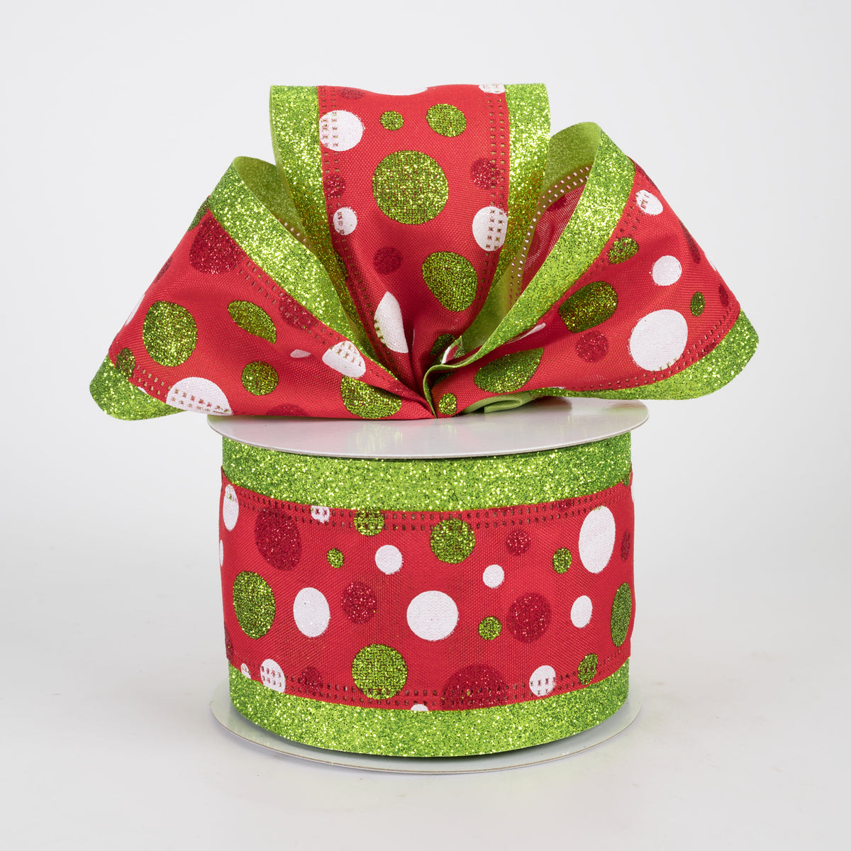 2.5" Varied Polka Dots Glitter Edge Ribbon: White, Lime, Red (10 Yards)