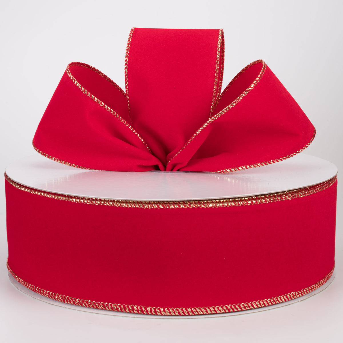 2.5" Stitched Edge Velvet Ribbon: Holiday Red with Gold (50 Yards)