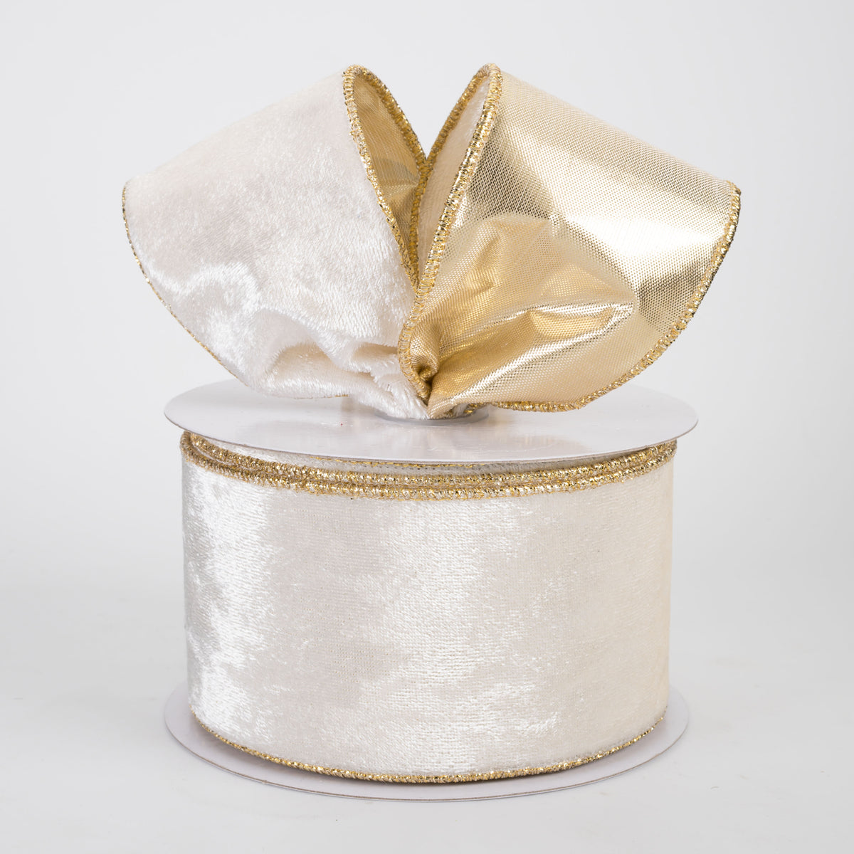 2.5" Lush Velvet Metallic Backed Ribbon: Ivory Cream & Gold (10 Yards)