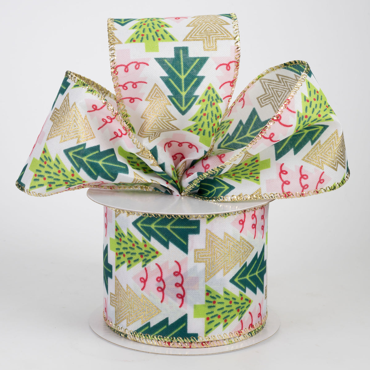 2.5" Art Deco Christmas Trees Satin Ribbon: Pink & Gold (10 Yards)