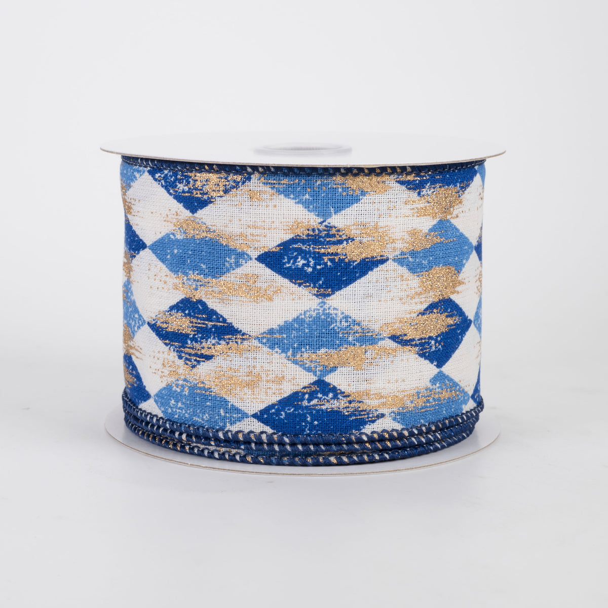 2.5" Canvas Harlequin Gold Painted Ribbon: Cream, Blue & Navy (10 Yards)