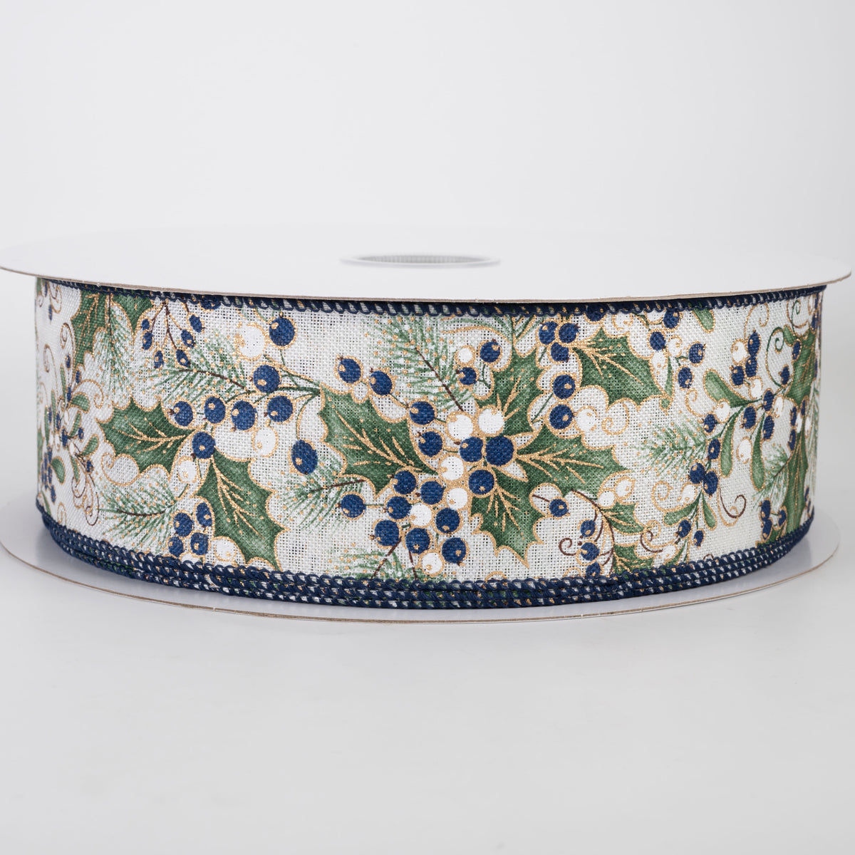 2.5" Linen Sage Holly Leaves & Navy Berries Ribbon: Ivory (50 Yards)